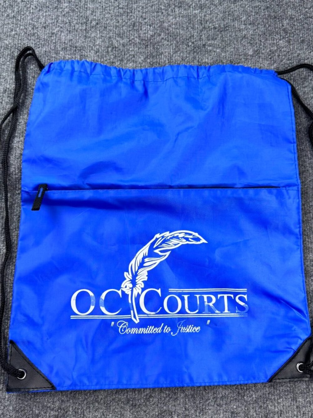 OC Courts Drawstring Backpack Bag Blue Orange County Justice Feather Zipper Pock